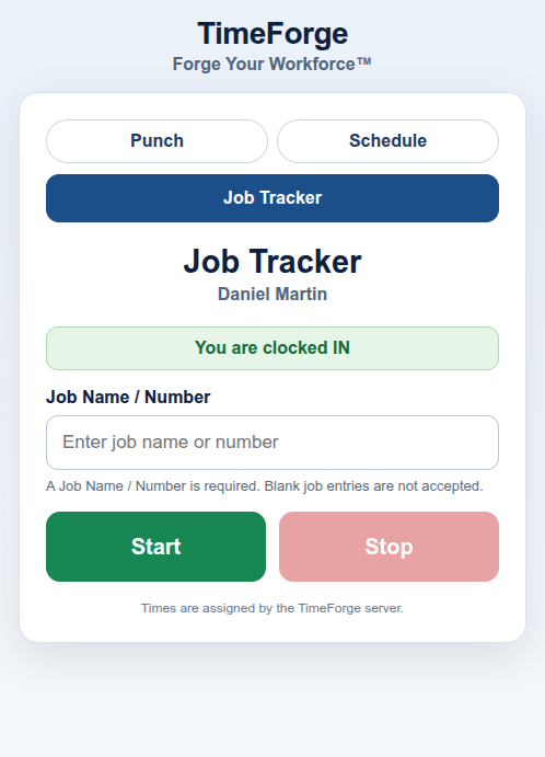 TimeForge Job Tracker mobile punch screen