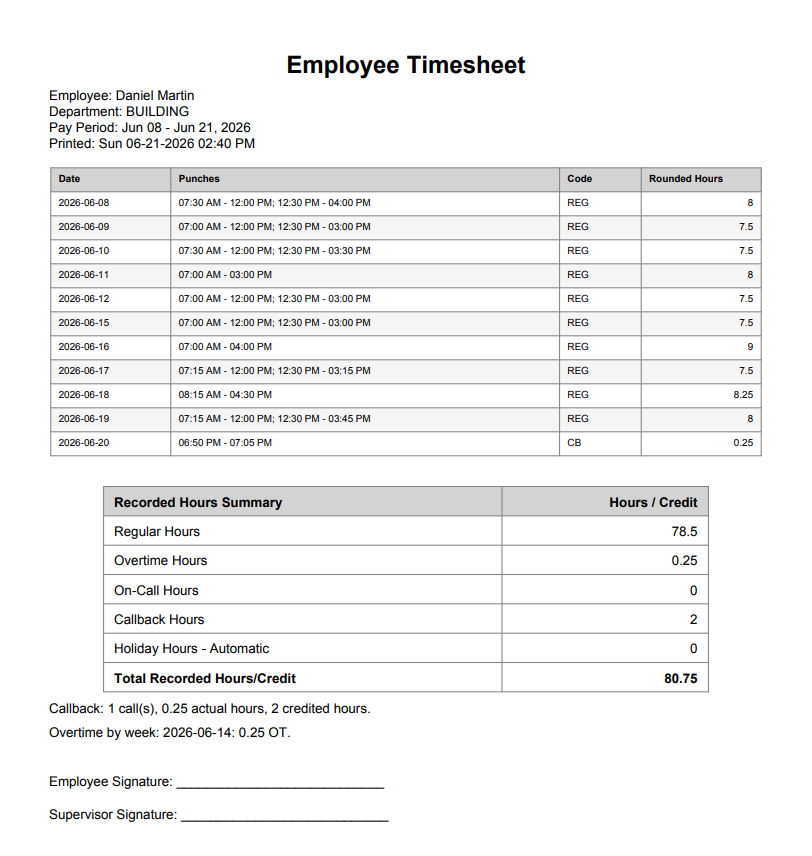 TimeForge employee timesheet PDF